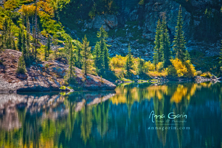 Gorgeous reflections at Alpine Lake in the Sawtooth Wilderness near Stanley, Idaho