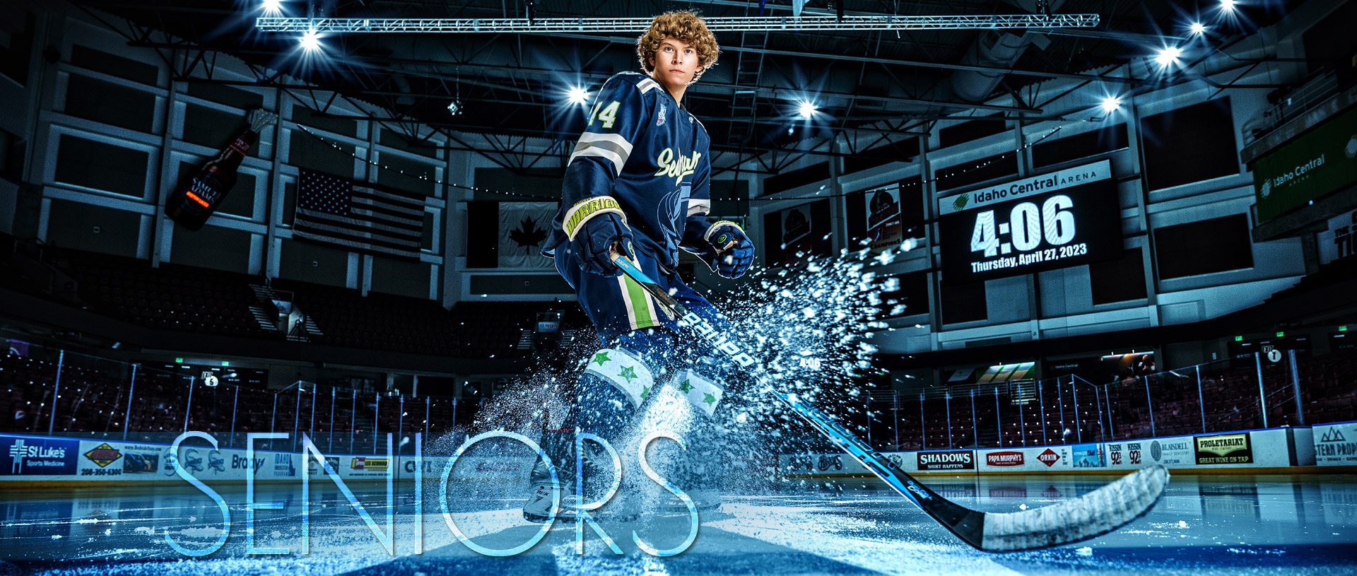 High school senior picture in Boise Idaho of senior boy playing hockey